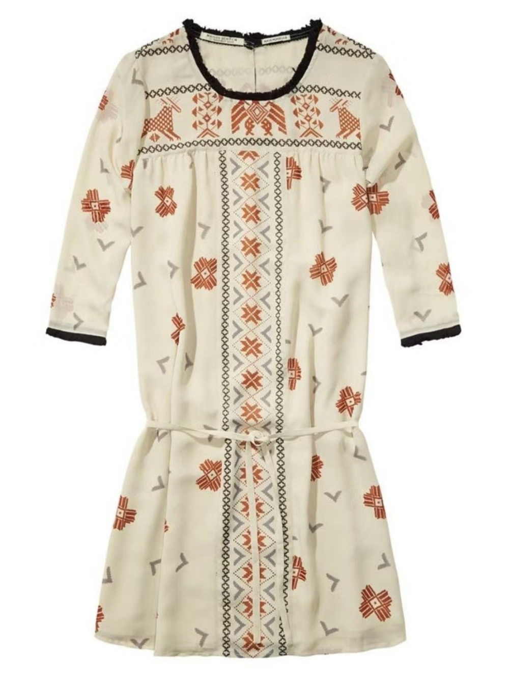 Maison Scotch Blouson Style Cream Midi Dress with Rust-Orange And Black Print